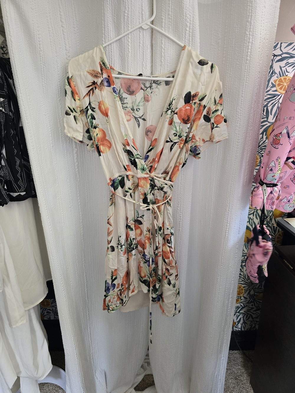 Dress Forum Cream Floral Wrap Midi Dress with Orange and Green Blooms